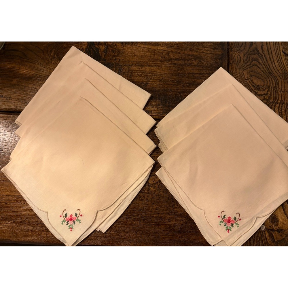 Vintage Linen Floral Embroidery Napkins Set of 7 Scalloped Ivory 15x15 1950s
